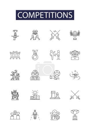 Illustration for Competitions line vector icons and signs. Tournaments, Races, Challenges, Games, Tests, Matches, Duel, Contend vector outline illustration set - Royalty Free Image