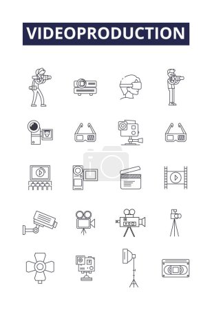 Illustration for Videoproduction line vector icons and signs. Editing, Studio, Video, Production, Post-production, Audio, Compositing, Recording vector outline illustration set - Royalty Free Image