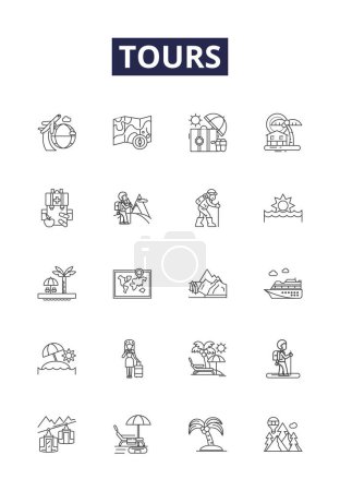 Illustration for Tours line vector icons and signs. Travel, Sightseeing, Exploring, Vacation, Trips, Holidays, Outings, Adventures vector outline illustration set - Royalty Free Image
