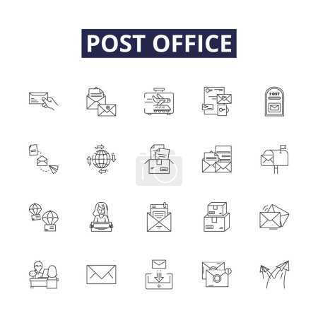 Illustration for Post office line vector icons and signs. Mail, Postman, Courier, Delivery, Stamp, Letter, Package, Postal vector outline illustration set - Royalty Free Image