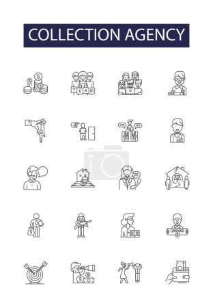 Illustration for Collection agency line vector icons and signs. Collection, Debt, Recover, Repay, Funds, Invoice, Accounts, Financials vector outline illustration set - Royalty Free Image