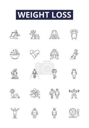 Weight loss line vector icons and signs. Slimming, Dieting, Fasting, Shedding, Trimming, Weighing, Shrinking, Burning vector outline illustration set