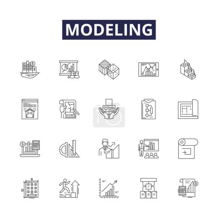 Illustration for Modeling line vector icons and signs. Modeling, Simulation, Constructing, Shaping, Synthesizing, Representing, Rendering, Mapping vector outline illustration set - Royalty Free Image