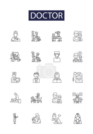 Illustration for Doctor line vector icons and signs. Surgeon, Practitioner, Consultant, Specialist, Specialist, Medic, Clinician, Healer vector outline illustration set - Royalty Free Image