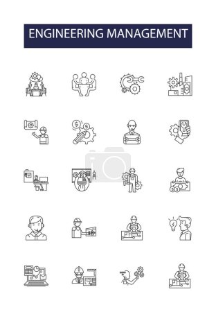 Engineering management line vector icons and signs. Management, Technology, Design, Systems, Products, Processes, Quality, Project vector outline illustration set