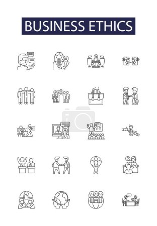Téléchargez les illustrations : Ligne d'éthique commerciale icônes vectorielles et signes. Intégrité, Équité, Respect, Responsabilité, Confiance, Transparence, Professionnalisme, Civic-Mindedness - en licence libre de droit