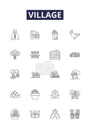 Illustration for Village line vector icons and signs. hamlet, settlement, homestead, enclave, town, countryside, steading, bally vector outline illustration set - Royalty Free Image