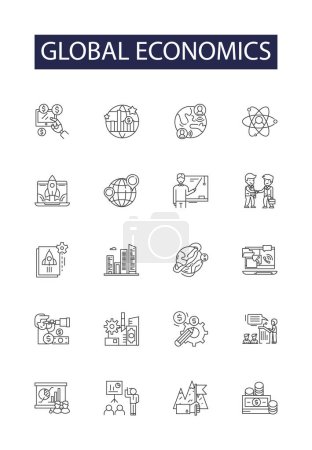 Illustration for Global economics line vector icons and signs. Economics, Trade, Finance, Market, Investment, Currencies, GDP, Politics vector outline illustration set - Royalty Free Image