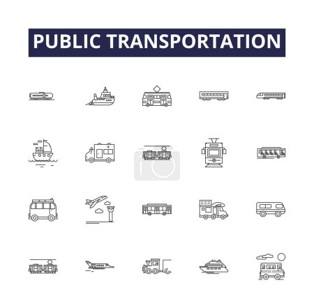 Illustration for Public transportation line vector icons and signs. Buses, Trains, Subway, Metro, Buslines, Railroads, Streetcars, Ferries vector outline illustration set - Royalty Free Image