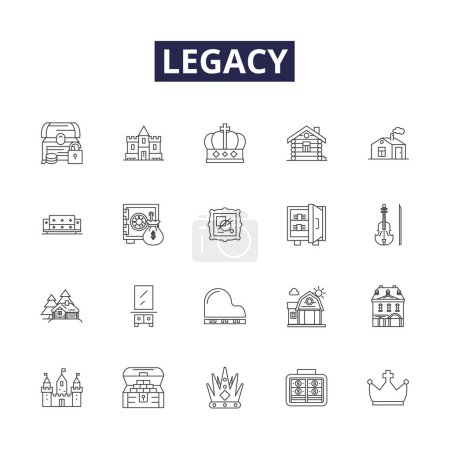 Illustration for Legacy line vector icons and signs. Inheritance, Tradition, Bequest, Lineage, Fortune, Patrimony, Endowment, Progeny vector outline illustration set - Royalty Free Image