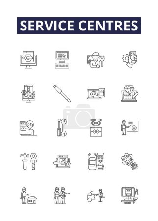 Illustration for Service centres line vector icons and signs. Centres, Help, Desks, Support, Operations, Centers, Counters, Stations vector outline illustration set - Royalty Free Image