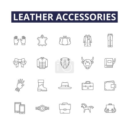Illustration for Leather accessories line vector icons and signs. Accessories, Belts, Handbags, Purses, Wallets, Shoes, Boots, Sandals vector outline illustration set - Royalty Free Image