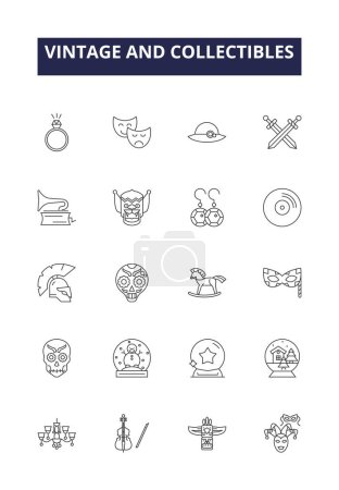 Illustration for Vintage and collectibles line vector icons and signs. Collectibles, Antique, Retrotiques, Memorabilia, Rare, Timeless, Valuable, Keepsakes vector outline illustration set - Royalty Free Image