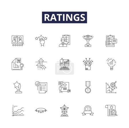 Illustration for Ratings line vector icons and signs. Scores, Grades, Evaluations, Rankings, Assessments, Marks, Stars, Numerical vector outline illustration set - Royalty Free Image