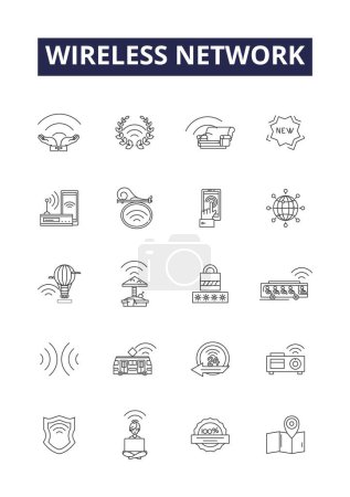 Illustration for Wireless network line vector icons and signs. Network, Wifi, Router, Hotspot, Signal, Connection, IEEE, Access Point vector outline illustration set - Royalty Free Image