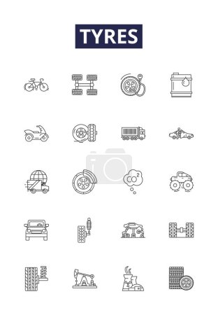 Illustration for Tyres line vector icons and signs. Wheels, Rims, Hubs, Treads, Inflation, Adjustment, Spare, Blowout vector outline illustration set - Royalty Free Image