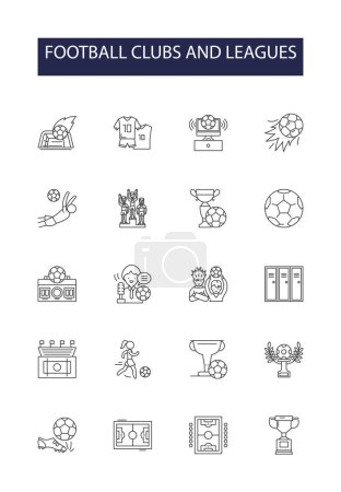 Illustration for Football clubs and leagues line vector icons and signs. Teams, Leagues, Kits, Players, Coaches, Sponsors, Rivals, Stadia vector outline illustration set - Royalty Free Image