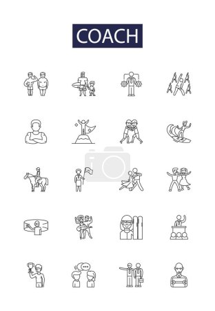 Illustration for Coach line vector icons and signs. Trainer, Adviser, Guide, Tutor, Facilitator, Consultant, Instructor, Director vector outline illustration set - Royalty Free Image