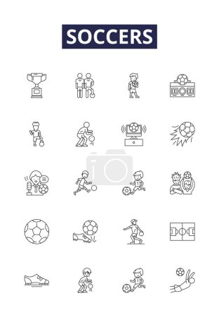 Illustration for Soccers line vector icons and signs. Football, Goals, Cleats, Kicks, Shoot, Dribble, Passing, Control vector outline illustration set - Royalty Free Image