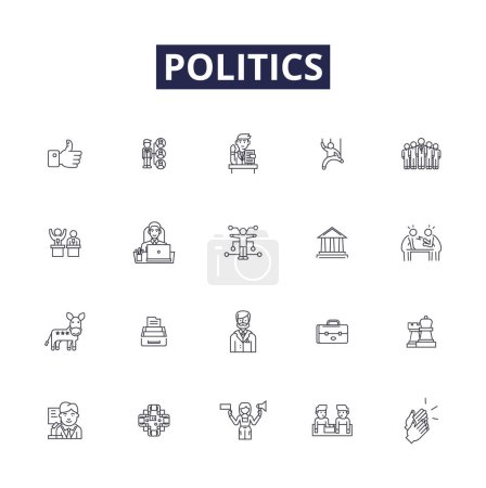 Illustration for Politics line vector icons and signs. Governance, Administration, Laws, Constitution, Government, Diplomacy, Electoral, Parties vector outline illustration set - Royalty Free Image
