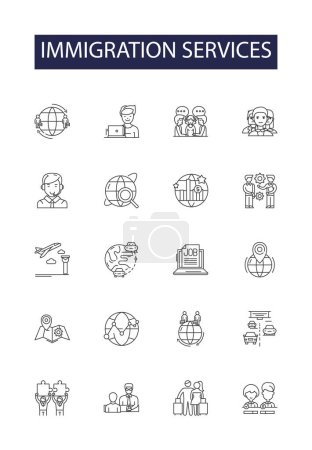 Illustration for Immigration services line vector icons and signs. Services, Visa, Consultants, Lawyer, Processing, Applications, Residency, Green Card vector outline illustration set - Royalty Free Image