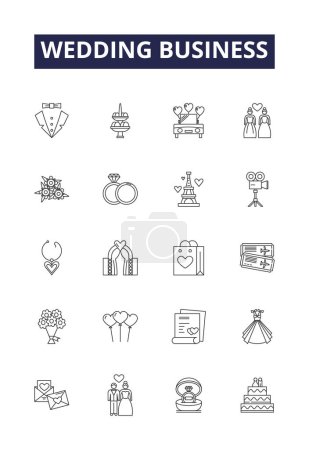 Wedding Business Line Vektor Icons und Zeichen. Dekor, Dekor, Accessoires, Gastronomie, Geschäfte, Fotografie, Kleider, Vektor Outline Illustration Set