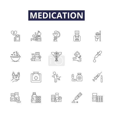 Illustration for Medication line vector icons and signs. Drugs, Pills, Capsules, Syrups, Injections, Meds, Elixir, Remedies vector outline illustration set - Royalty Free Image