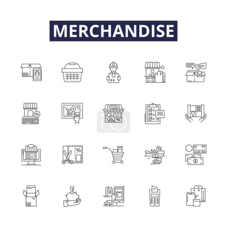 Illustration for Merchandise line vector icons and signs. Products, Commodities, Items, Wares, Stock, Supplies, Apparel, Accessories vector outline illustration set - Royalty Free Image