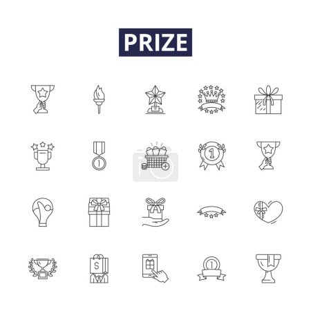 Illustration for Prize line vector icons and signs. Reward, Booty, Bounty, Premium, Plunder, Booty, Stipend, Trophy vector outline illustration set - Royalty Free Image