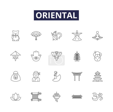 Illustration for Oriental line vector icons and signs. Far-East, Asian, China, Japan, India, Southeast, Korea, Mongolia vector outline illustration set - Royalty Free Image