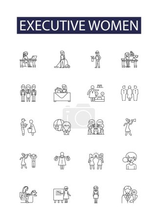 Téléchargez les illustrations : Icônes vectorielles de ligne de femmes exécutives et signes. Femmes, Femmes, Leaders, Progressistes, Entrepreneurs, Professionnels, Gestionnaires, PDG - en licence libre de droit
