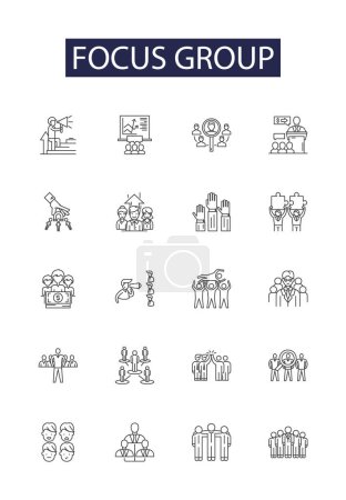 Illustration for Focus group line vector icons and signs. Group, Interviews, Surveys, Studies, Discussions, Participants, Input, Facilitation vector outline illustration set - Royalty Free Image