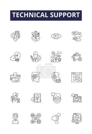 Illustration for Technical support line vector icons and signs. Troubleshooting, Assistance, Service, Systems, Maintenance, Issue, Technical, Advice vector outline illustration set - Royalty Free Image