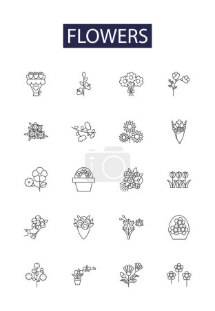 Illustration for Flowers line vector icons and signs. Petals, Roses, Daisies, Thistles, Flora, Tulips, Stems, Foliage vector outline illustration set - Royalty Free Image
