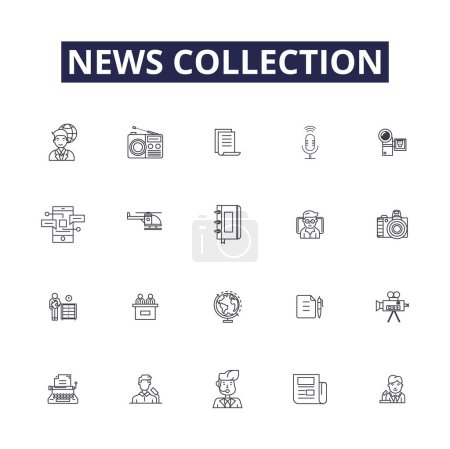 Illustration for News collection line vector icons and signs. Reporting, Journaling, Curating, Periodicals, Scraping, Digitizing, Headlines, Disseminating vector outline illustration set - Royalty Free Image