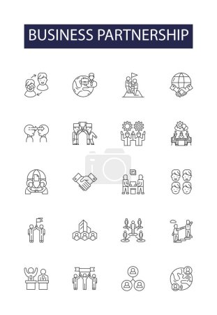 Illustration for Business partnership line vector icons and signs. Alliance, Teamwork, Networking, Merger, Joint-Venture, Co-operation, Syndicate, Consortium vector outline illustration set - Royalty Free Image