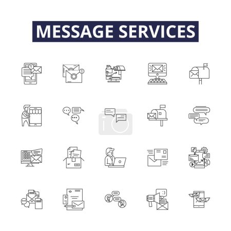 Ilustración de Servicios de mensajes línea vectorial iconos y signos. E-mail, Mensajería, Chat, Mensajes de texto, Telegrama, WhatsApp, Skype, BBM vector esquema conjunto de ilustración - Imagen libre de derechos
