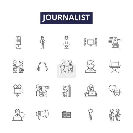 Illustration for Journalist line vector icons and signs. Correspondent, Anchor, Media, Columnist, Scribe, Editor, Publisher, Newscaster vector outline illustration set - Royalty Free Image