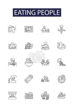 Illustration for Eating people line vector icons and signs. Devouring, Consuming, Dining, Feasting, Gorging, Nourishing, Devouring, Gourmet vector outline illustration set - Royalty Free Image