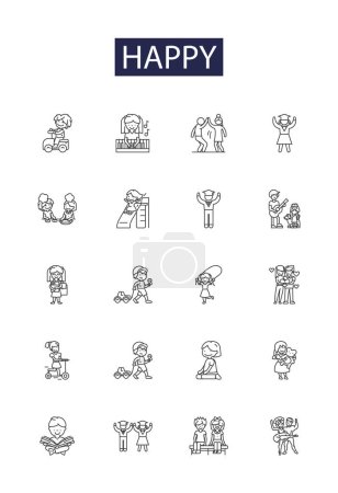 Illustration for Happy line vector icons and signs. Joyful, Joyous, Gladsome, Mirthful, Blissful, Beaming, Appy, Grinning vector outline illustration set - Royalty Free Image