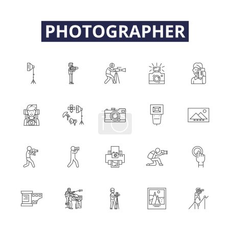 Illustration for Photographer line vector icons and signs. shot, snap, capture, lens, lensman, photojournalist, photo, paparazzi vector outline illustration set - Royalty Free Image