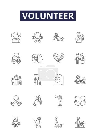 Illustration for Volunteer line vector icons and signs. assistance, involvement, serve, offering, donor, helper, aiding, contribute vector outline illustration set - Royalty Free Image