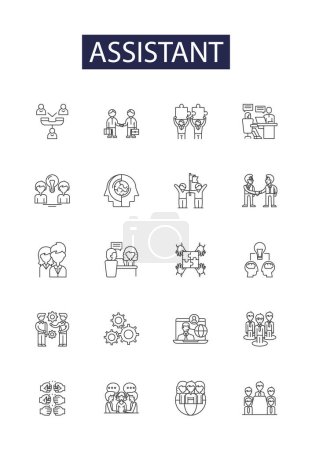 Illustration for Assistant line vector icons and signs. Attendant, Clerk, Companion, Helper, Secretary, Stenographer, Admin, Associate vector outline illustration set - Royalty Free Image