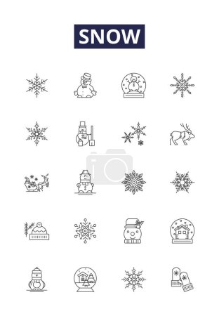 Ilustración de Línea de nieve vector iconos y signos. Flurry, Blizzard, Whiteout, Sleet, polvo, nevadas, aguanieve, conjunto de ilustración de contorno de vector de ducha - Imagen libre de derechos