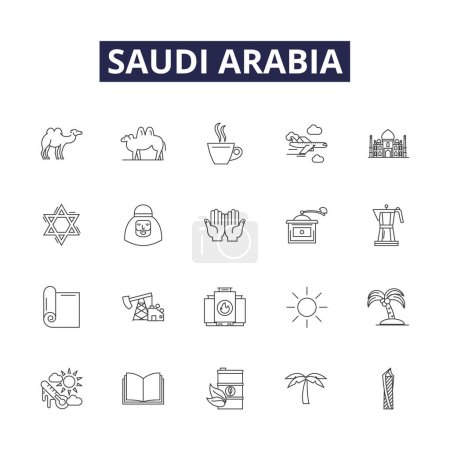 Téléchargez les illustrations : Arabie Saoudite lignes vectorielles icônes et signes. Arabie, Moyen-Orient, Huile, Despotisme, Islam, Désert, Religieux, Riyad vectoriel schéma illustration set - en licence libre de droit