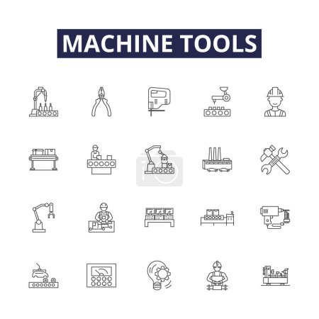 Illustration for Machine tools line vector icons and signs. Turning, Drilling, Grinding, Milling, Boring, Shaping, Grinding, Broaching vector outline illustration set - Royalty Free Image