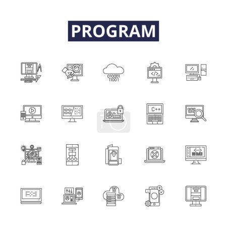 Illustration for Program line vector icons and signs. Script, Compile, Run, Execute, Process, Logic, Programmer, Machine vector outline illustration set - Royalty Free Image