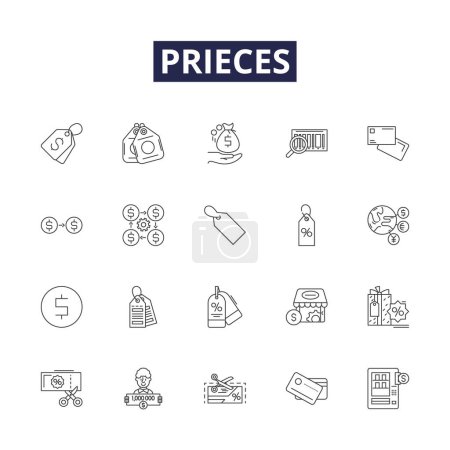 Illustration for Prieces line vector icons and signs. Pieces, Buy, Sell, Cost, Bargain, Value, Acquisition, Exchange vector outline illustration set - Royalty Free Image