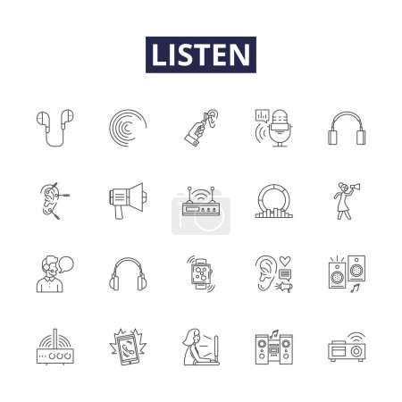 Illustration for Listen line vector icons and signs. Attend, Obey, Comprehend, Eavesdrop, Perceive, Admit, Consider, Oblige vector outline illustration set - Royalty Free Image