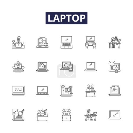 Illustration for Laptop line vector icons and signs. Notebook, Ultrabook, Computer, MacBook, Chromebook, Tablet, Dell, Lenovo vector outline illustration set - Royalty Free Image